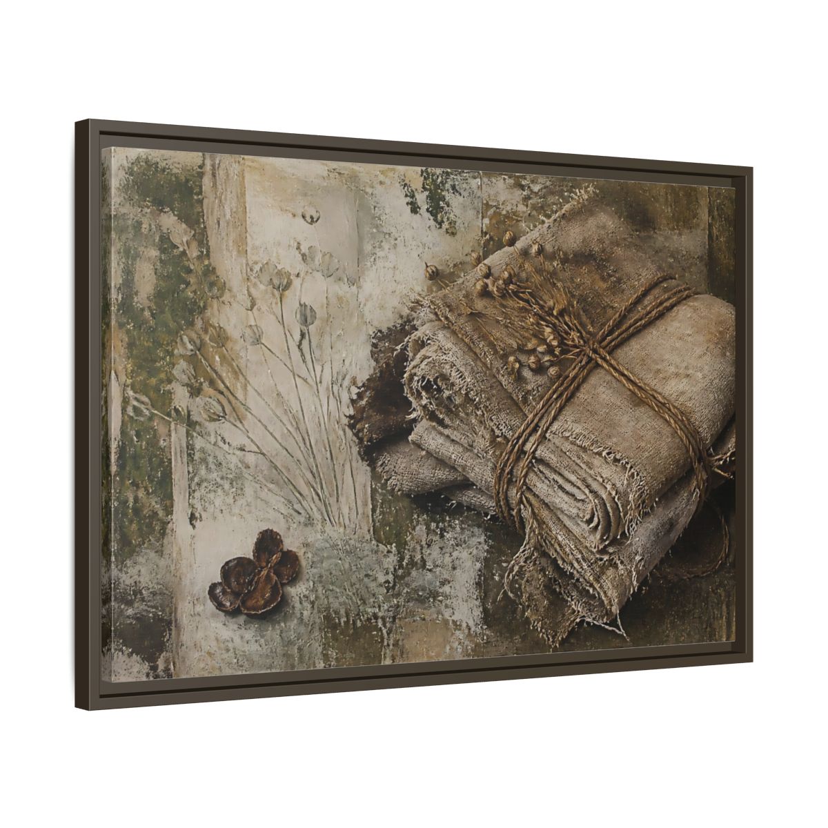 Side Mockup 11. Frayed Linen Bundle With Pods shown as framed canvas print