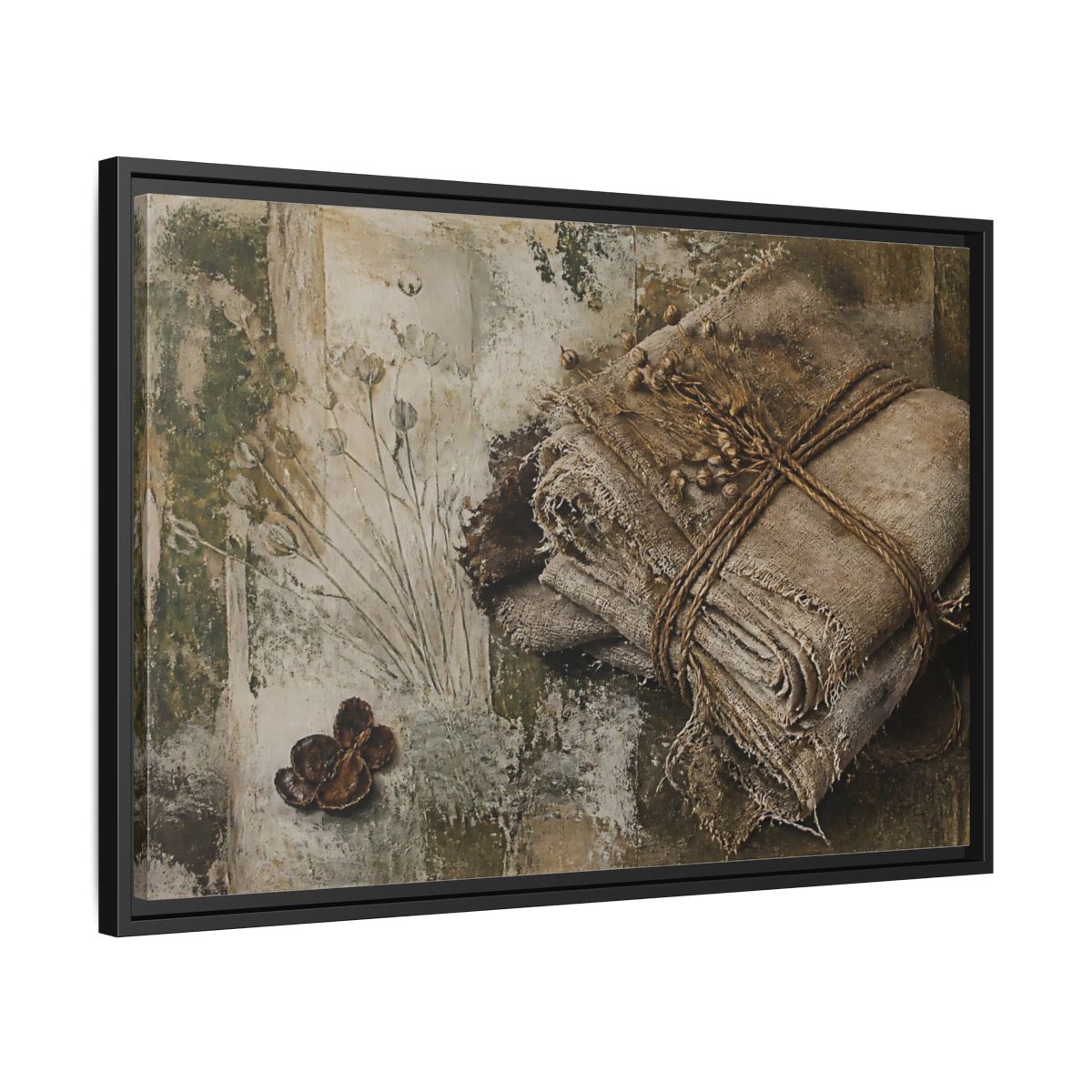 Side Mockup 14. Frayed Linen Bundle With Pods shown as framed canvas print