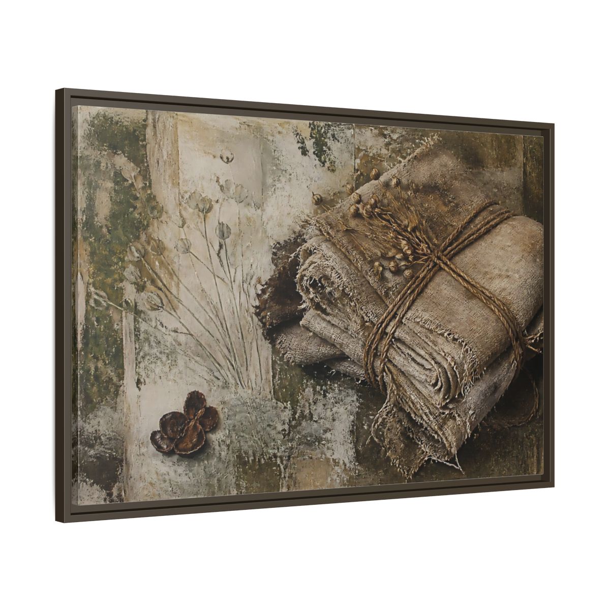 Main Mockup. Frayed Linen Bundle With Pods shown as framed canvas print