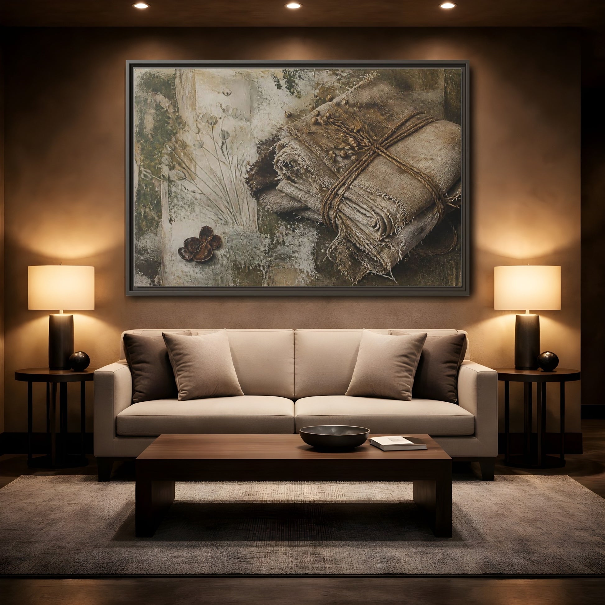 Mockup 2. Frayed Linen Bundle With Pods shown as framed canvas print