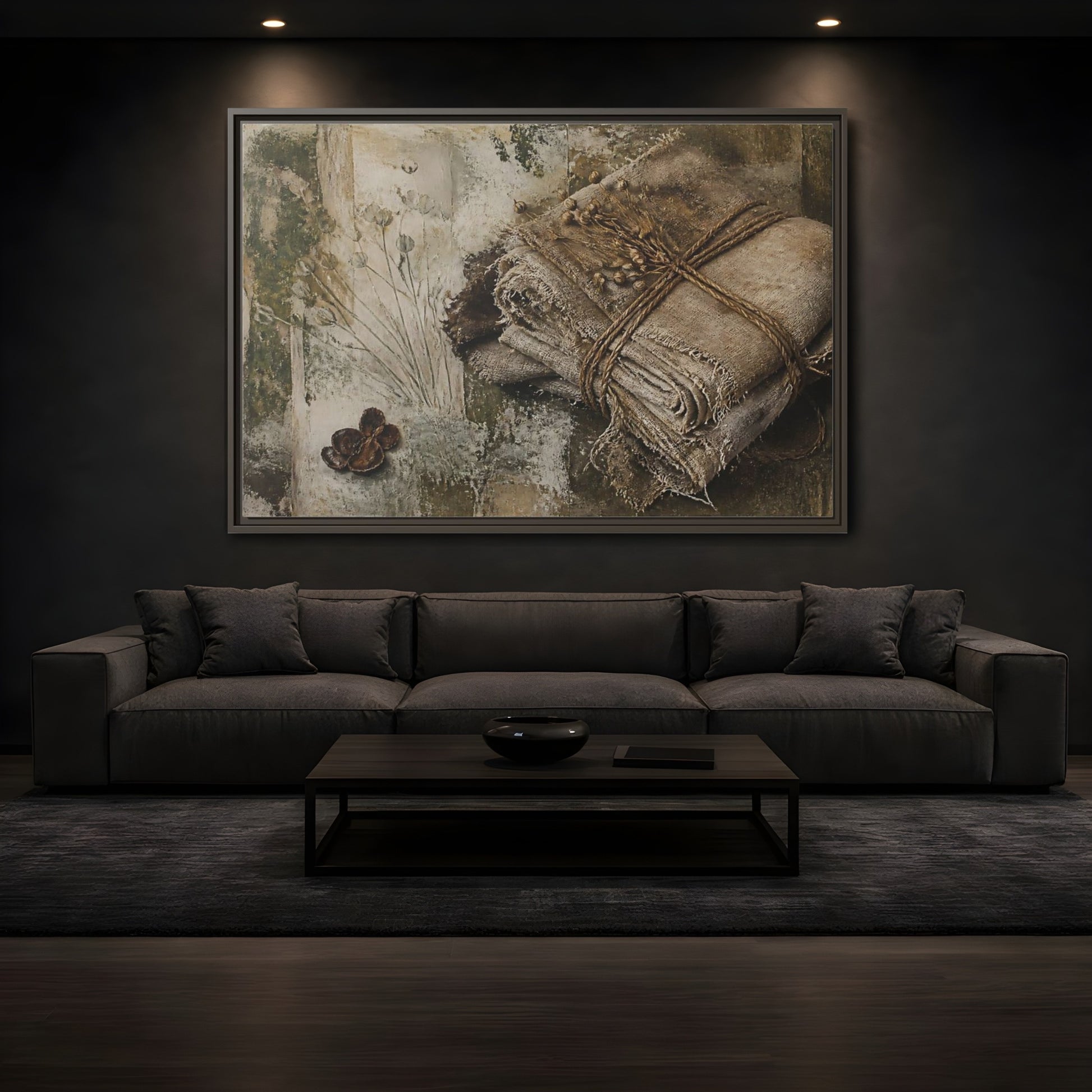 Mockup 3. Frayed Linen Bundle With Pods shown as framed canvas print