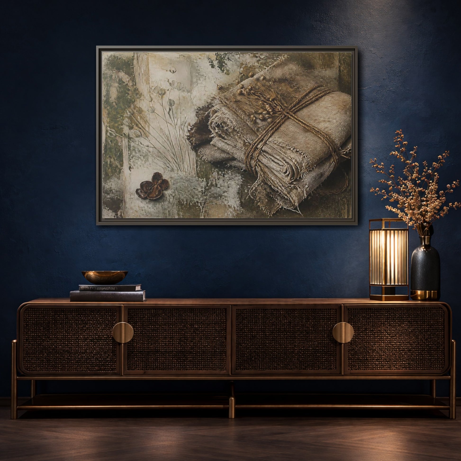 Mockup 4. Frayed Linen Bundle With Pods shown as framed canvas print