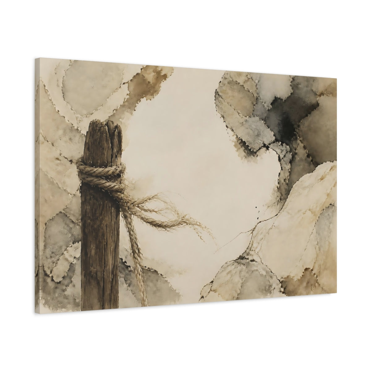 Main Mockup. Frayed Rope On Weathered Post shown as canvas print