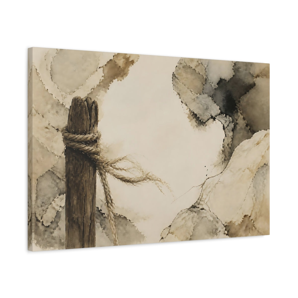 Side Mockup 2. Frayed Rope On Weathered Post shown as canvas print