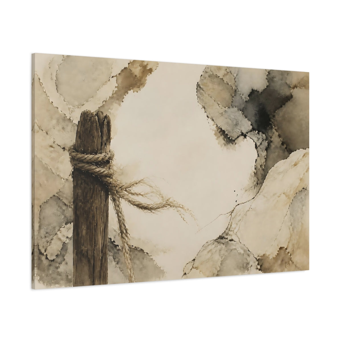 Side Mockup 1. Frayed Rope On Weathered Post shown as canvas print