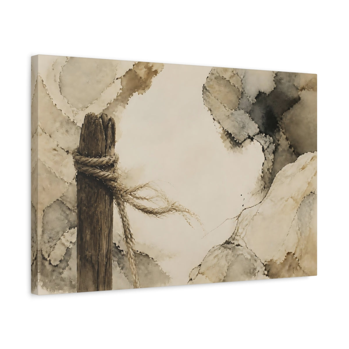 Side Mockup 3. Frayed Rope On Weathered Post shown as canvas print