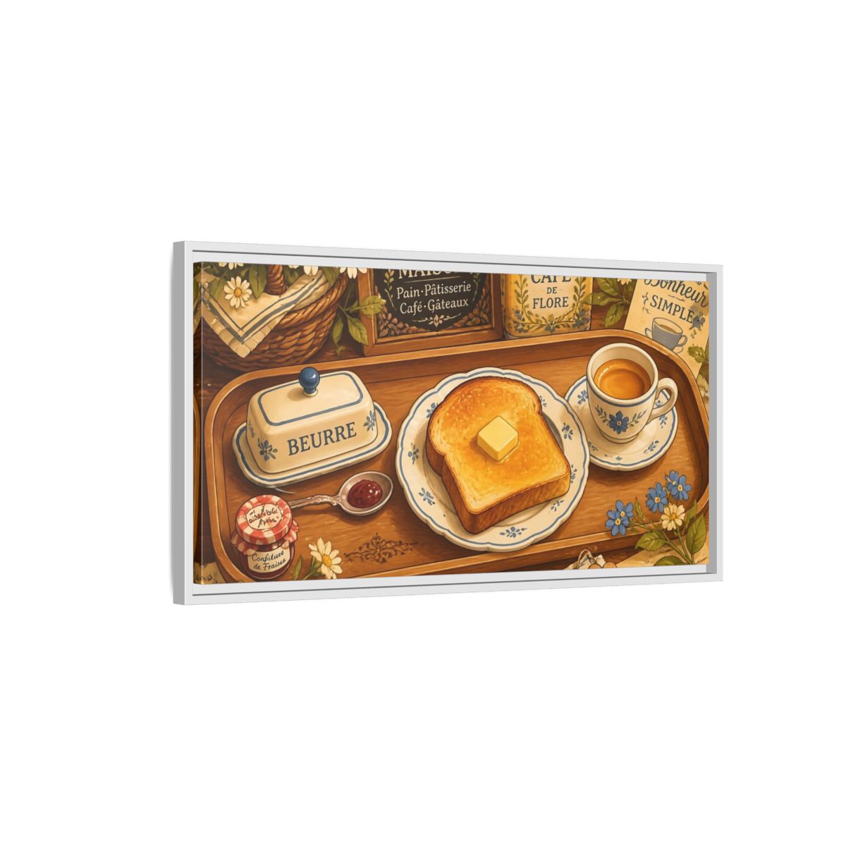 Side Mockup 1. French Breakfast Tray shown as framed canvas print