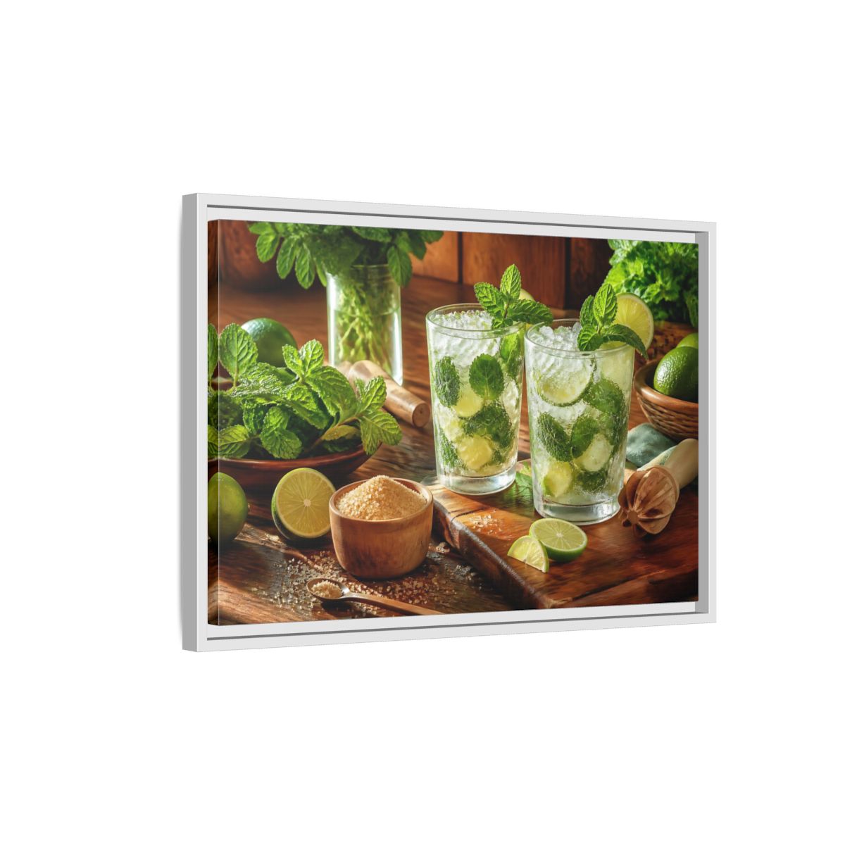 Side Mockup 1. Fresh Mojito Pair shown as framed canvas print
