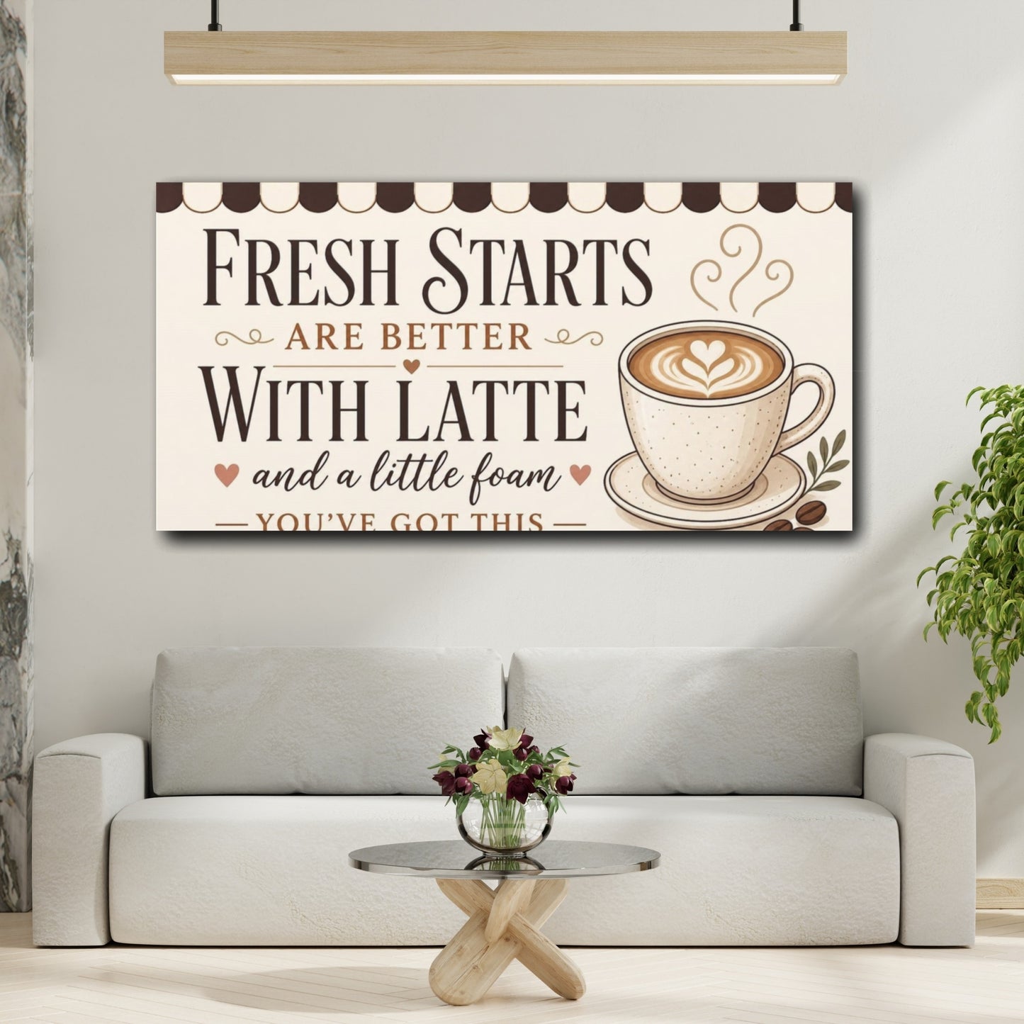 Mockup 2. Fresh Starts Latte Quote shown as canvas print