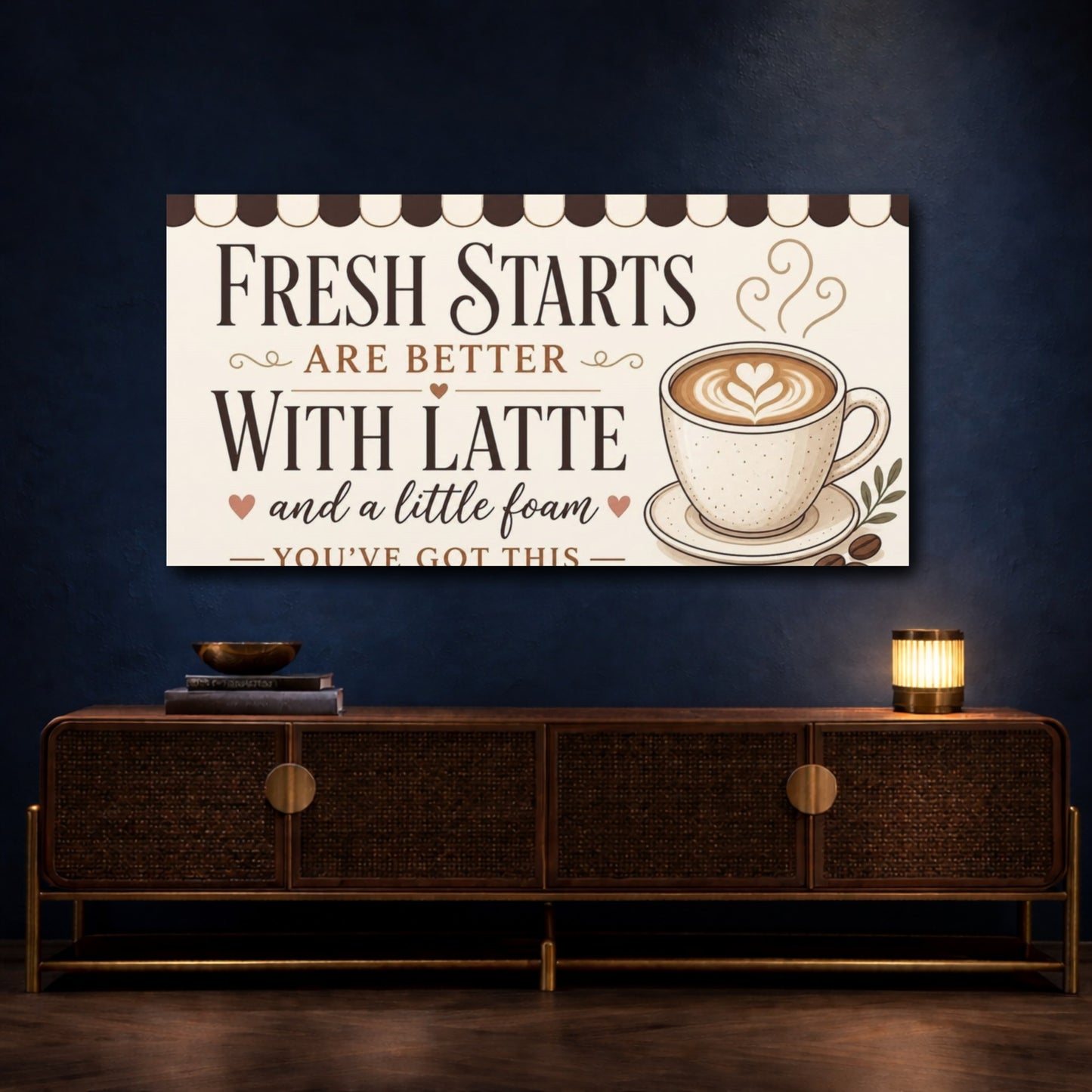 Mockup 4. Fresh Starts Latte Quote shown as canvas print