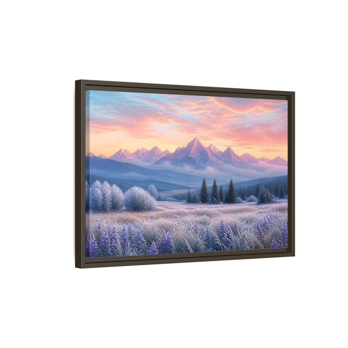 Side Mockup 2. Frosted Meadow Sunrise shown as framed canvas print