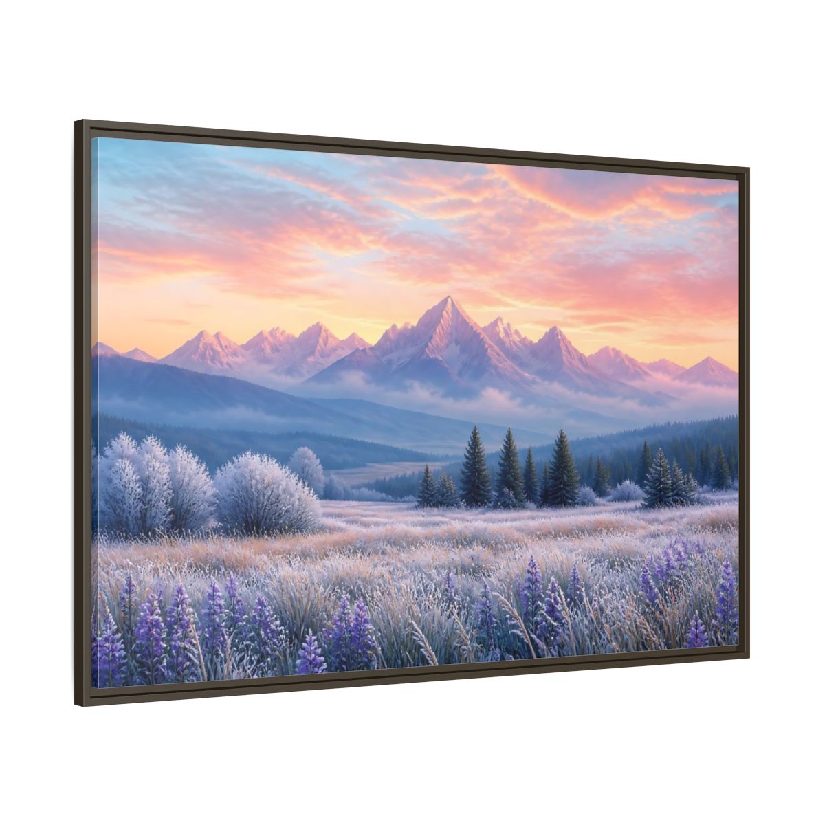 Side Mockup 8. Frosted Meadow Sunrise shown as framed canvas print
