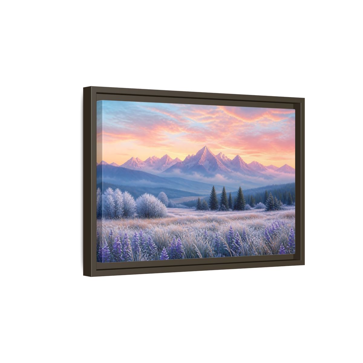 Side Mockup 5. Frosted Meadow Sunrise shown as framed canvas print