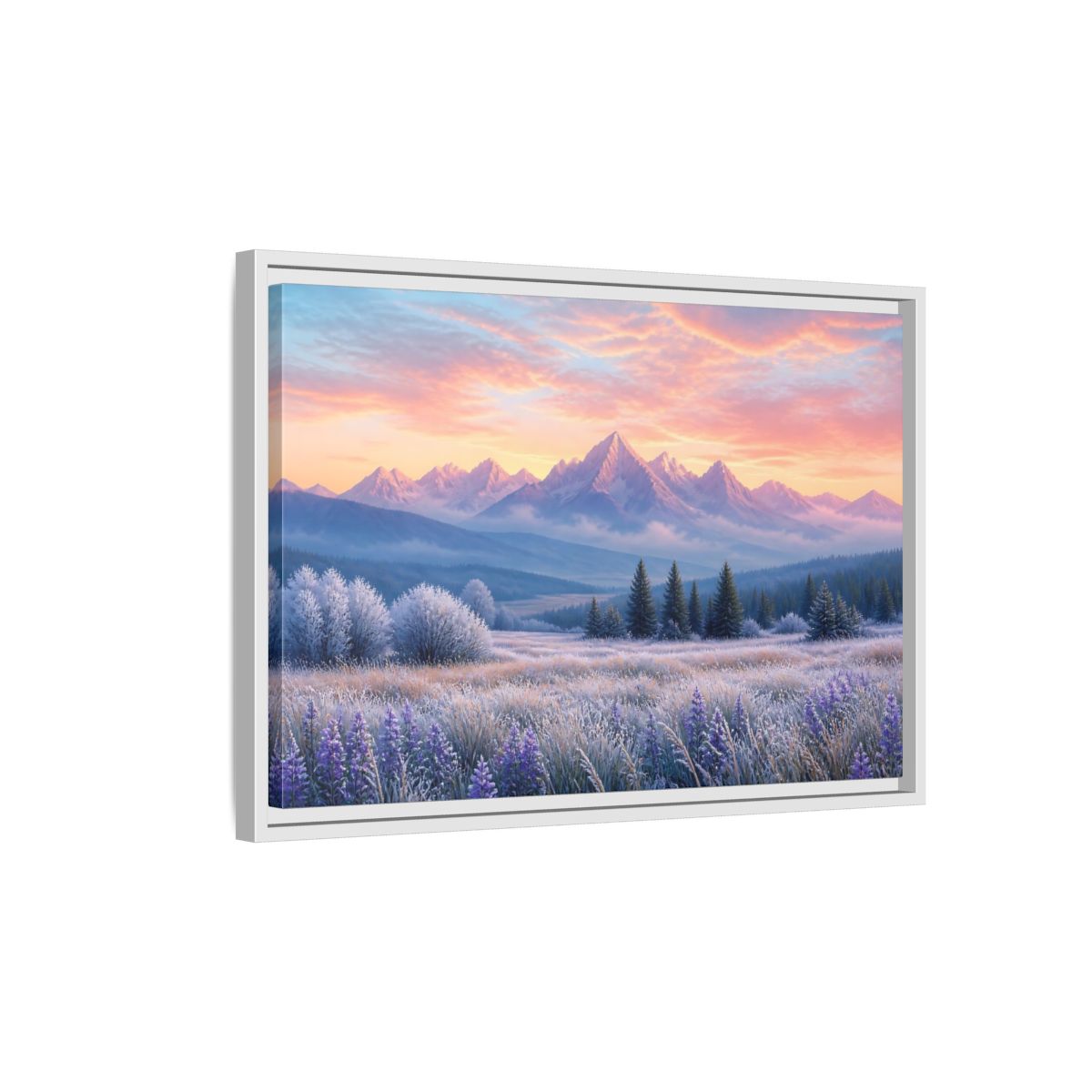 Side Mockup 1. Frosted Meadow Sunrise shown as framed canvas print