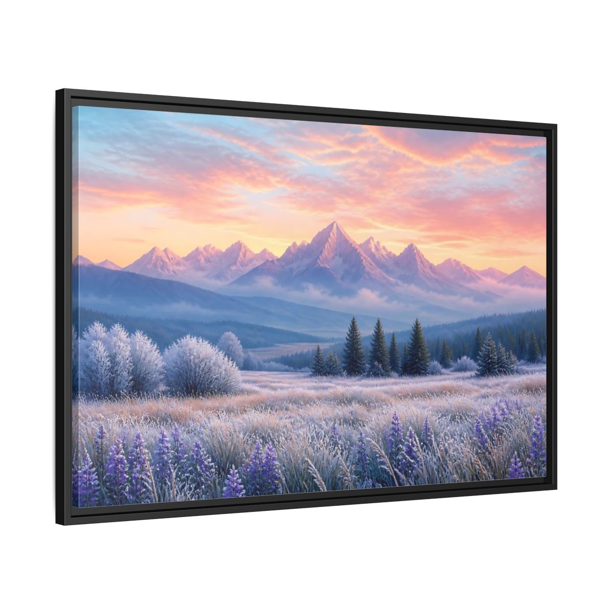 Side Mockup 13. Frosted Meadow Sunrise shown as framed canvas print