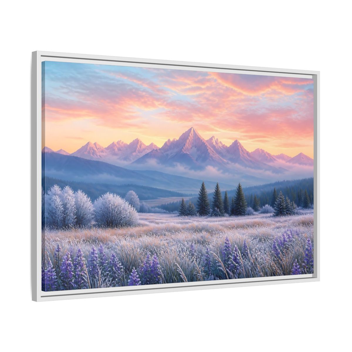 Side Mockup 9. Frosted Meadow Sunrise shown as framed canvas print