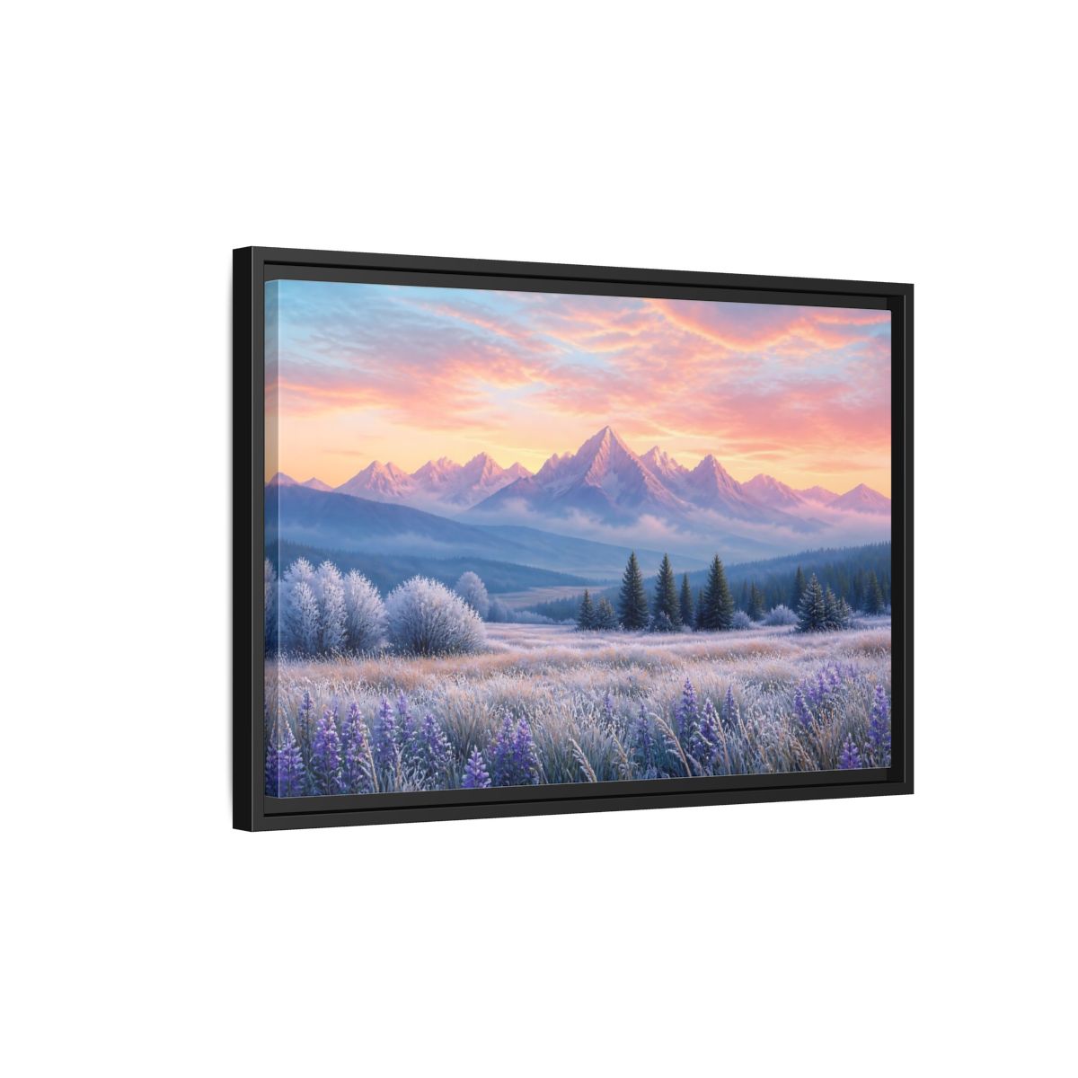 Side Mockup 3. Frosted Meadow Sunrise shown as framed canvas print
