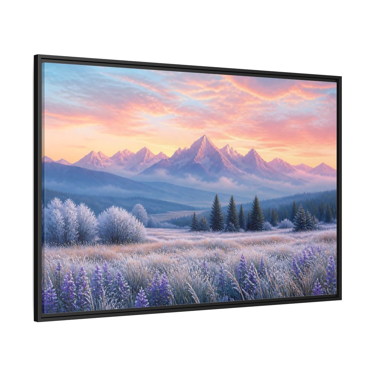 Side Mockup 12. Frosted Meadow Sunrise shown as framed canvas print