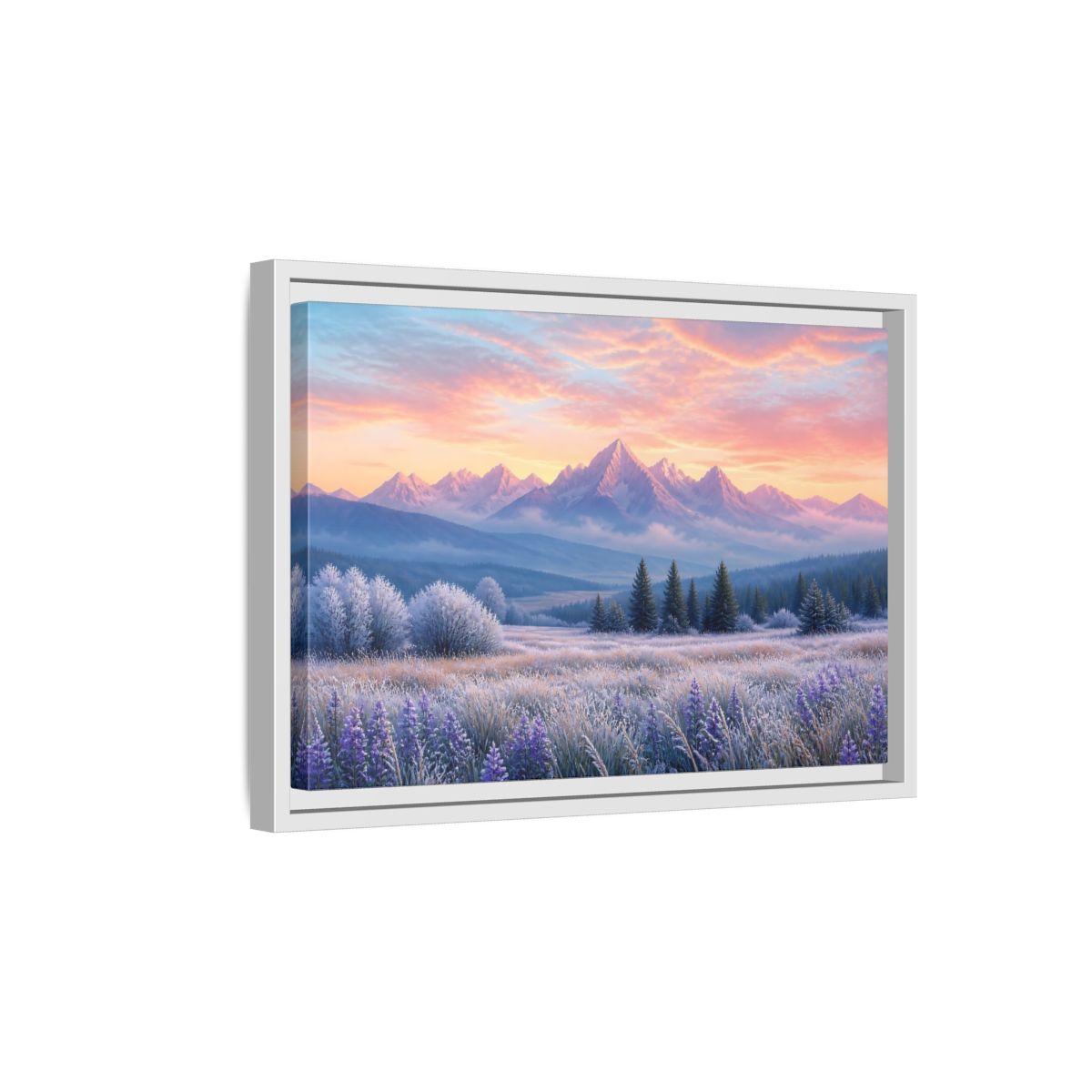 Side Mockup 4. Frosted Meadow Sunrise shown as framed canvas print