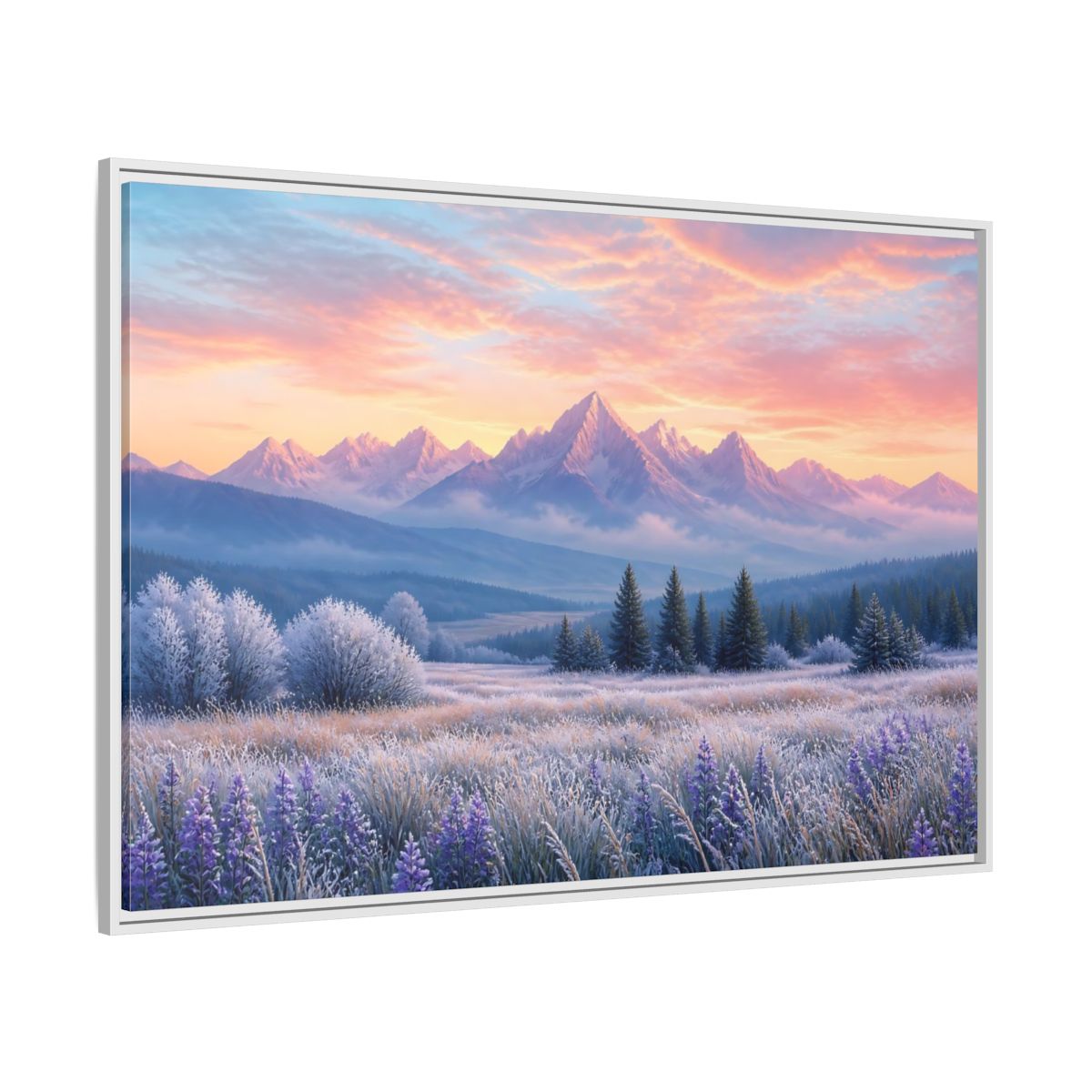 Side Mockup 7. Frosted Meadow Sunrise shown as framed canvas print