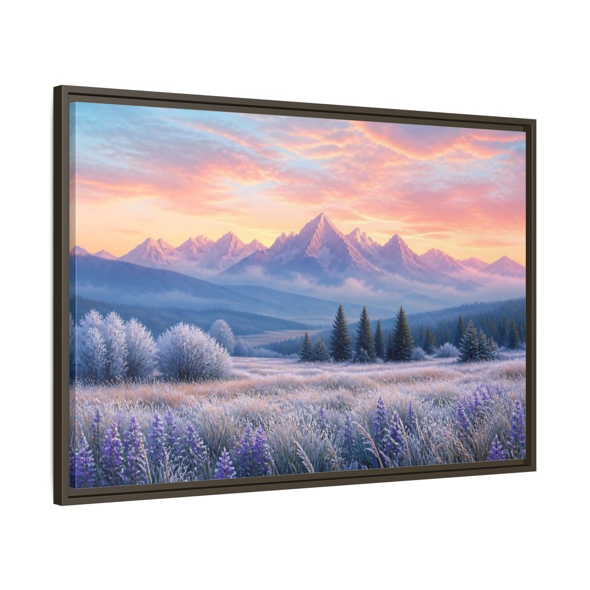 Main Mockup. Frosted Meadow Sunrise shown as framed canvas print
