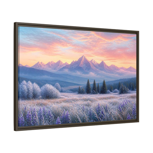 Main Mockup. Frosted Meadow Sunrise shown as framed canvas print