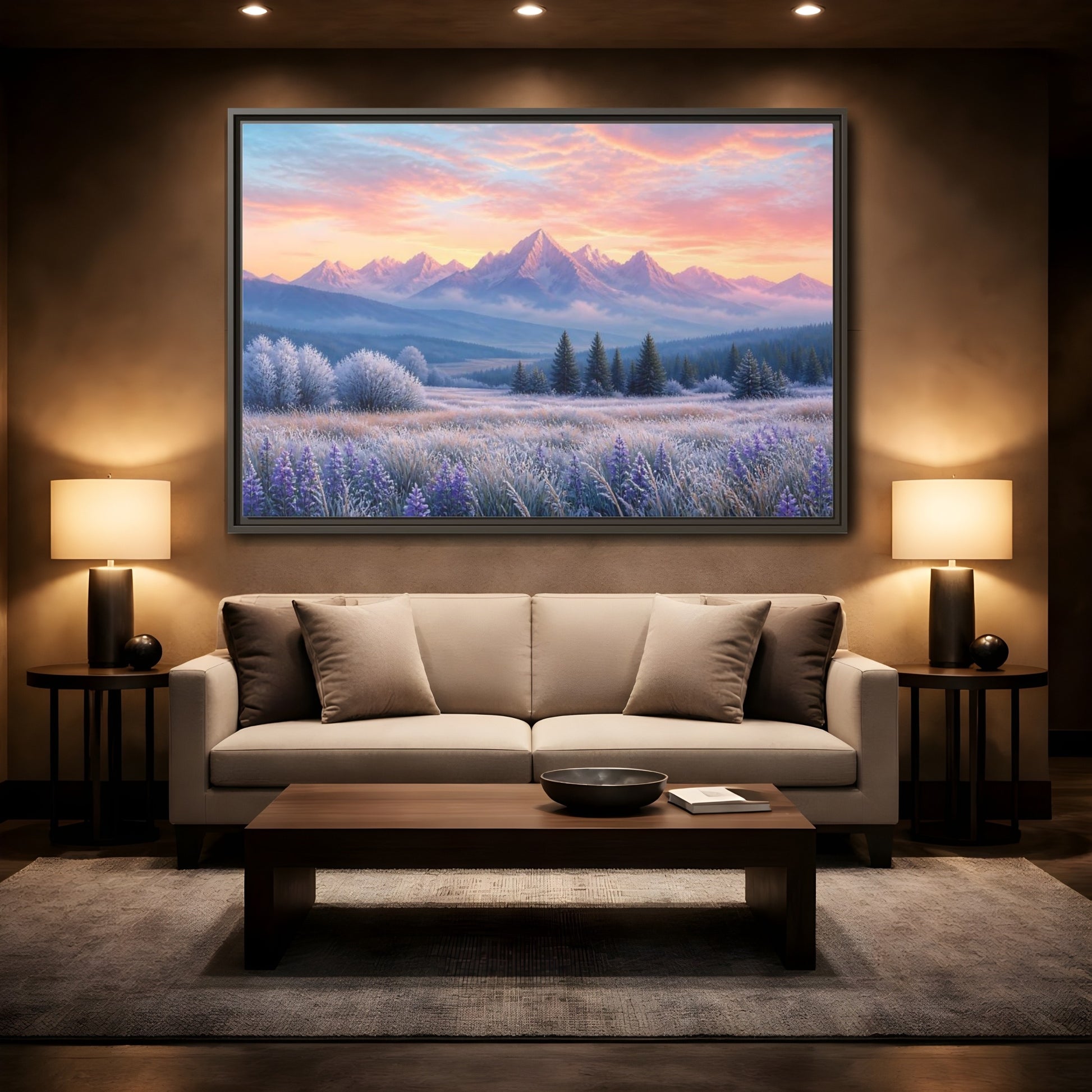 Mockup 2. Frosted Meadow Sunrise shown as framed canvas print