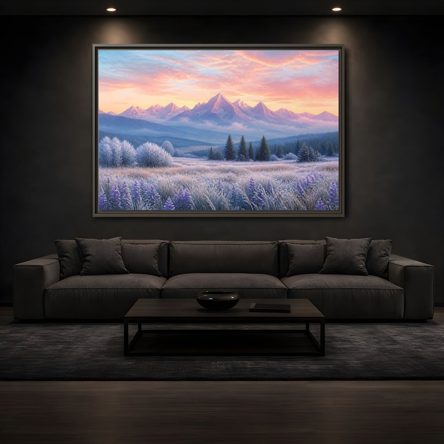 Mockup 3. Frosted Meadow Sunrise shown as framed canvas print