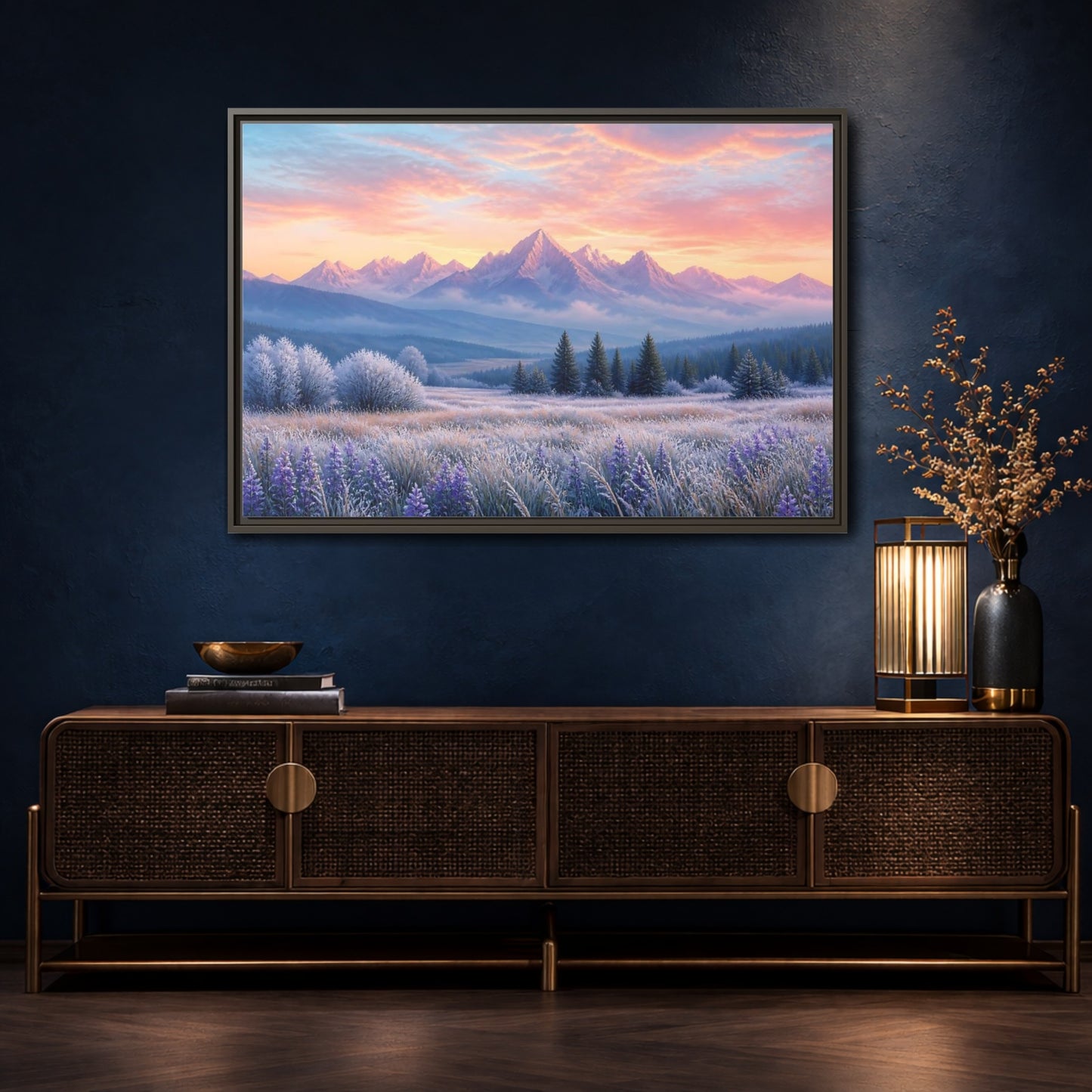 Mockup 4. Frosted Meadow Sunrise shown as framed canvas print