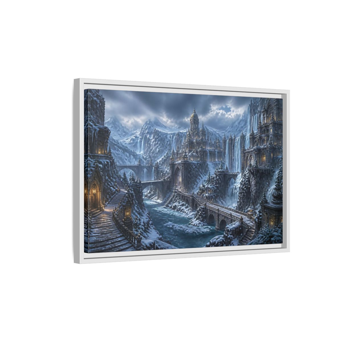 Side Mockup 1. Frozen Mountain Fortress shown as framed canvas print
