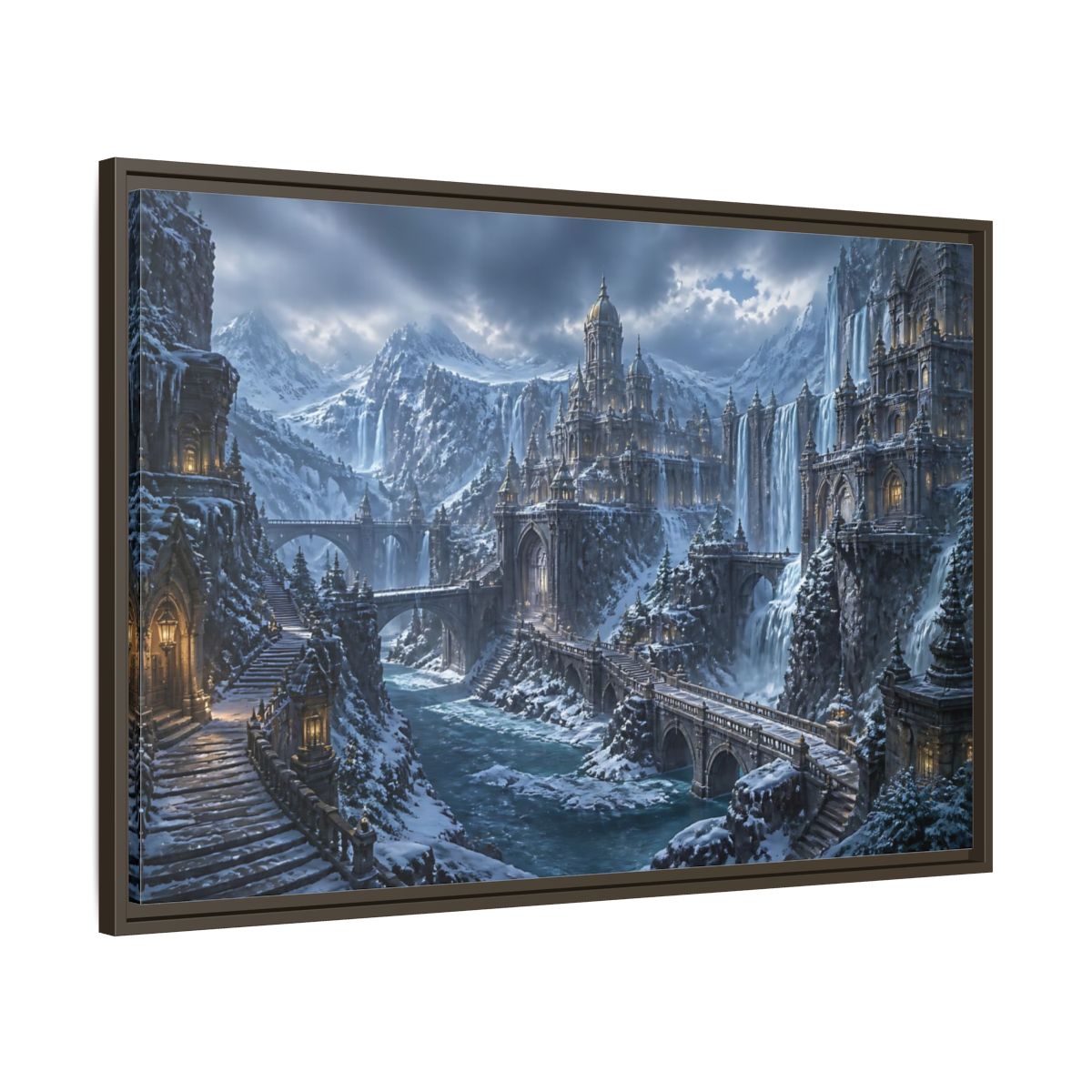 Main Mockup. Frozen Mountain Fortress shown as framed canvas print