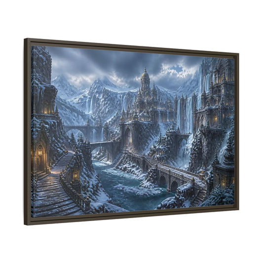 Main Mockup. Frozen Mountain Fortress shown as framed canvas print