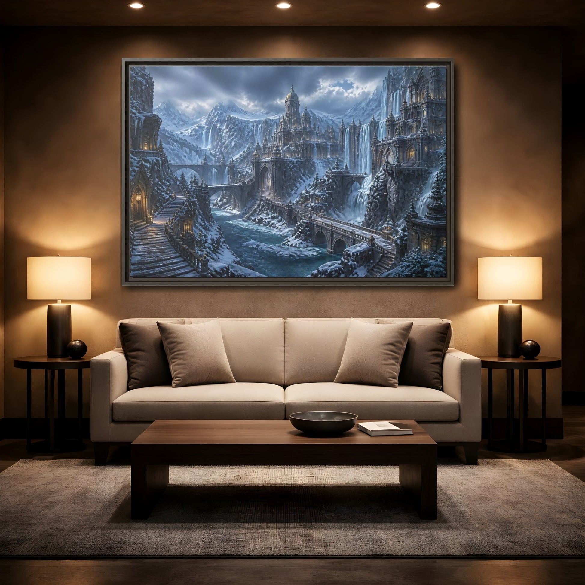 Mockup 2. Frozen Mountain Fortress shown as framed canvas print