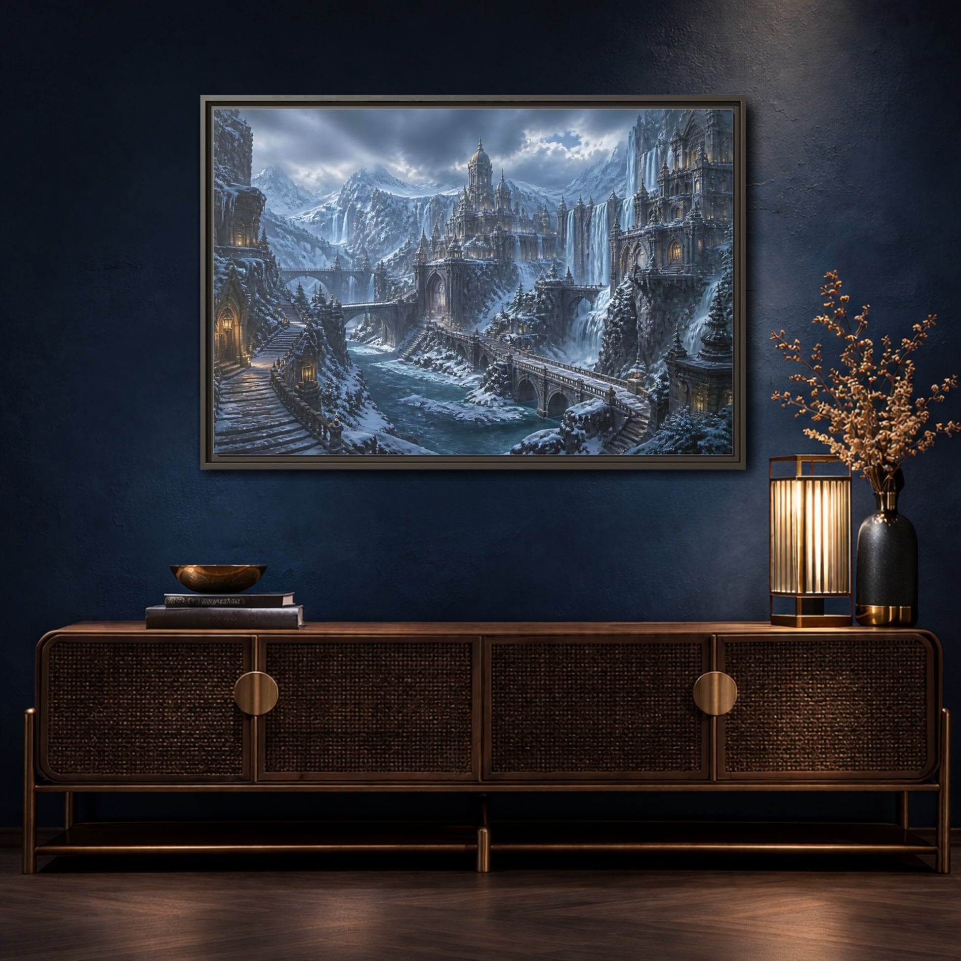 Mockup 4. Frozen Mountain Fortress shown as framed canvas print