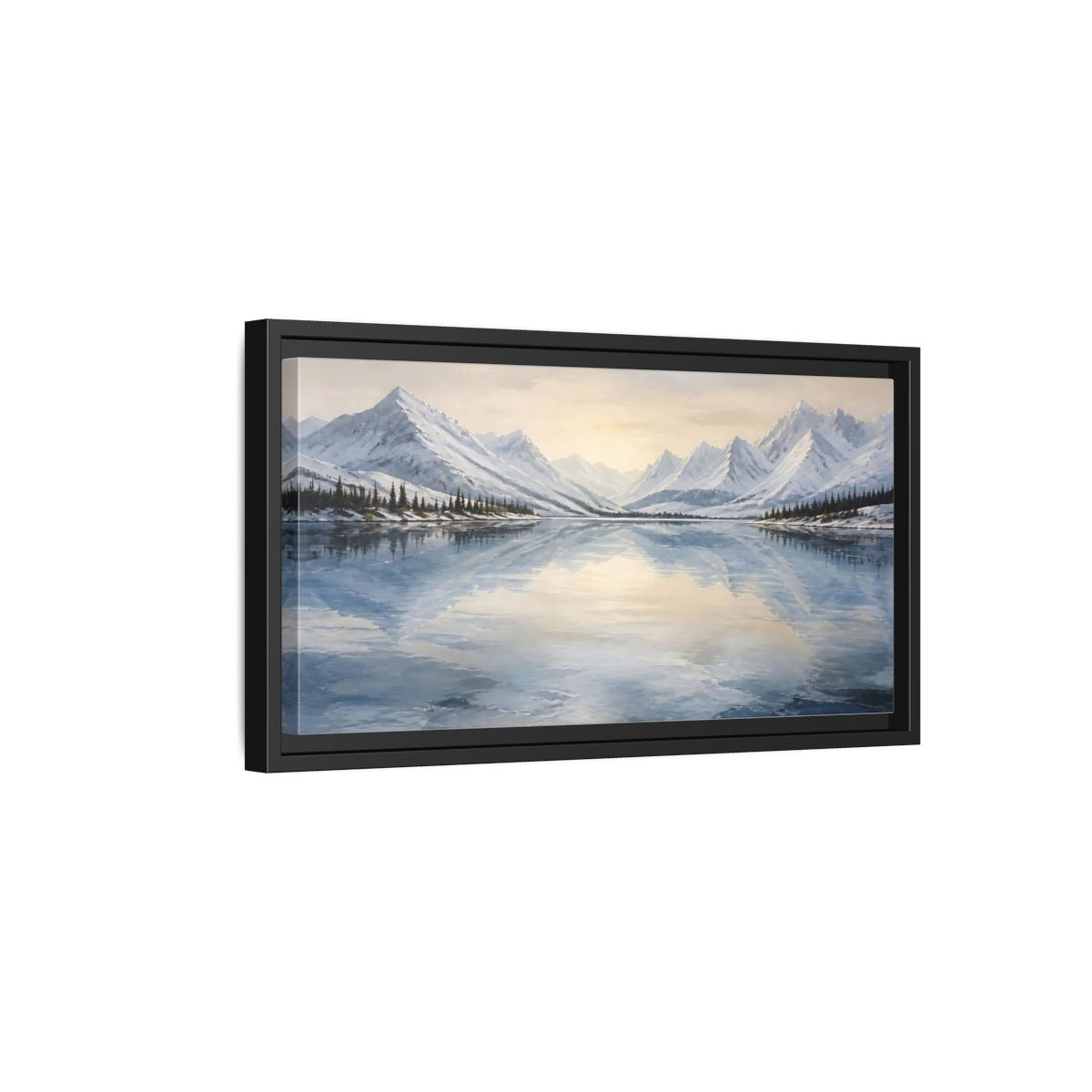 Side Mockup 8. Frozen Mountain Lake shown as framed canvas print