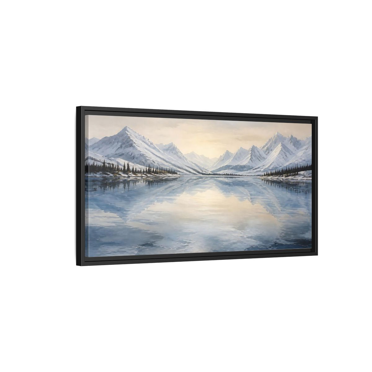 Side Mockup 2. Frozen Mountain Lake shown as framed canvas print