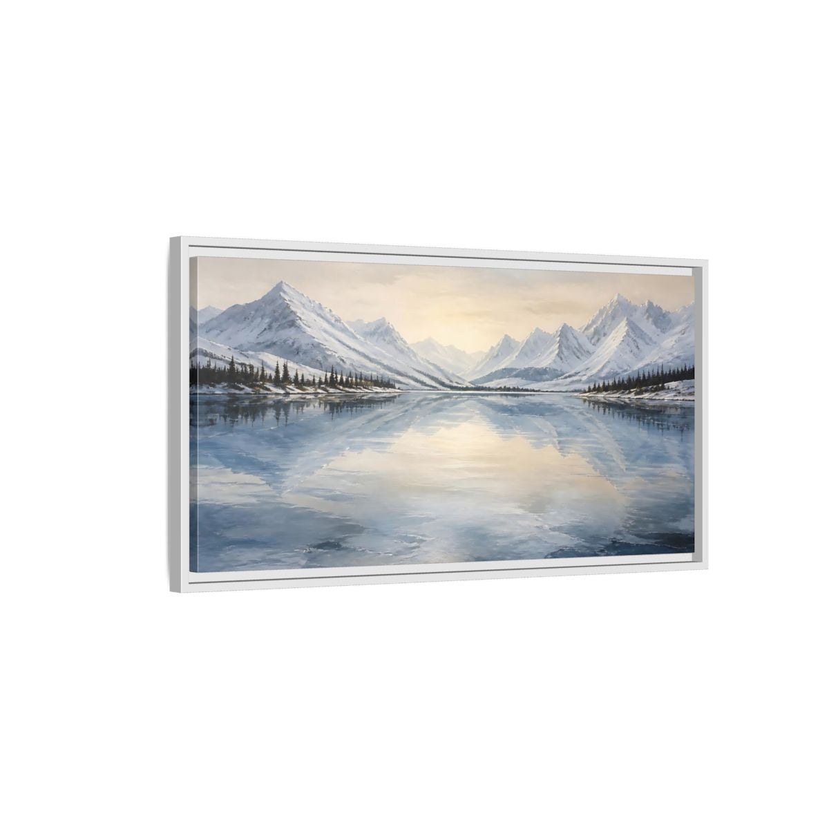 Side Mockup 1. Frozen Mountain Lake shown as framed canvas print