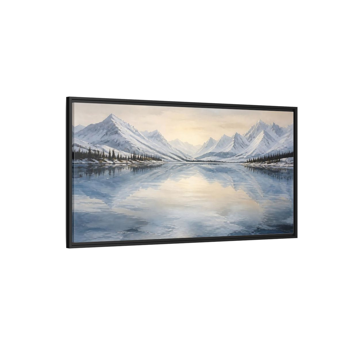 Side Mockup 5. Frozen Mountain Lake shown as framed canvas print