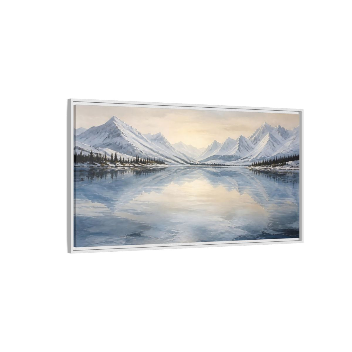 Side Mockup 3. Frozen Mountain Lake shown as framed canvas print