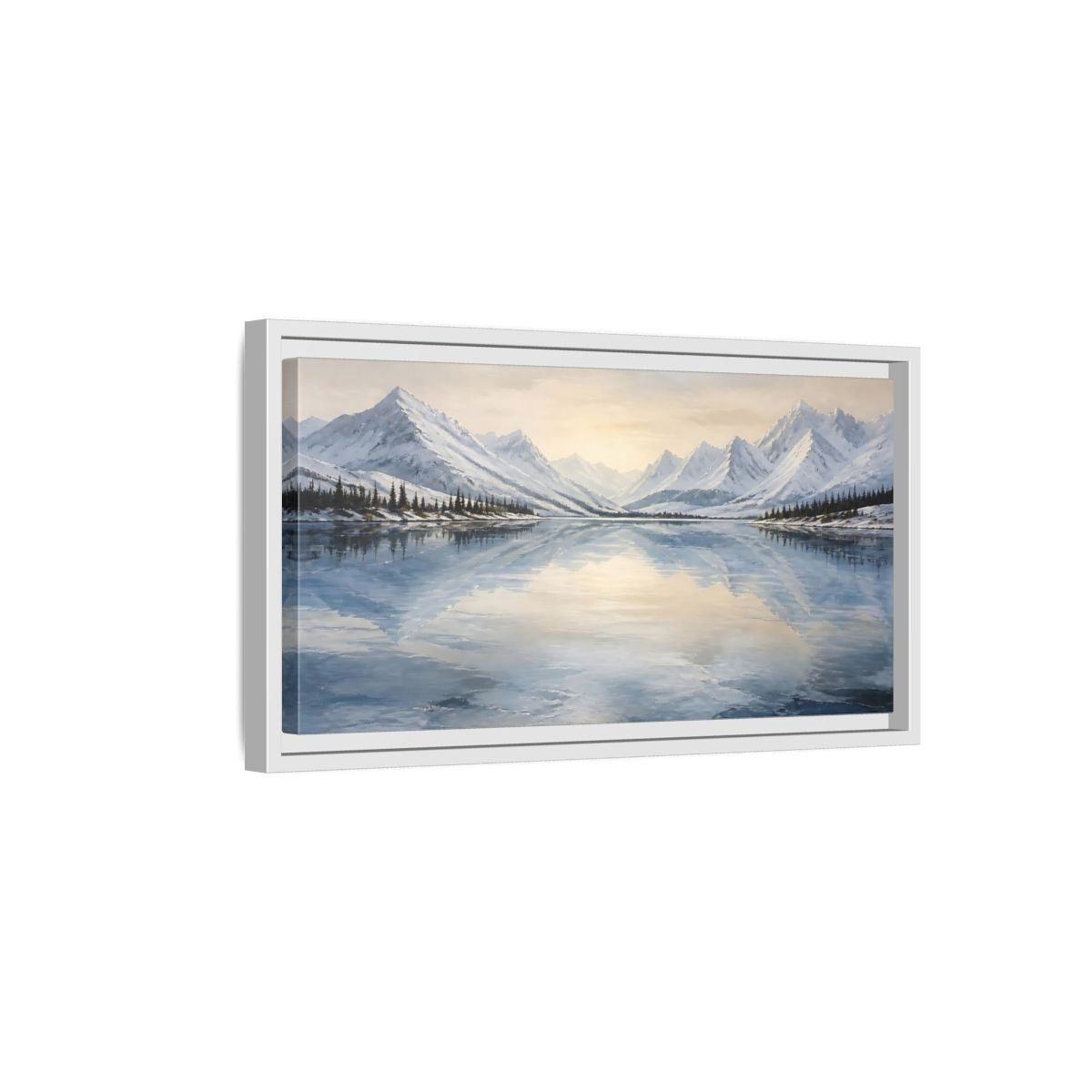 Side Mockup 6. Frozen Mountain Lake shown as framed canvas print