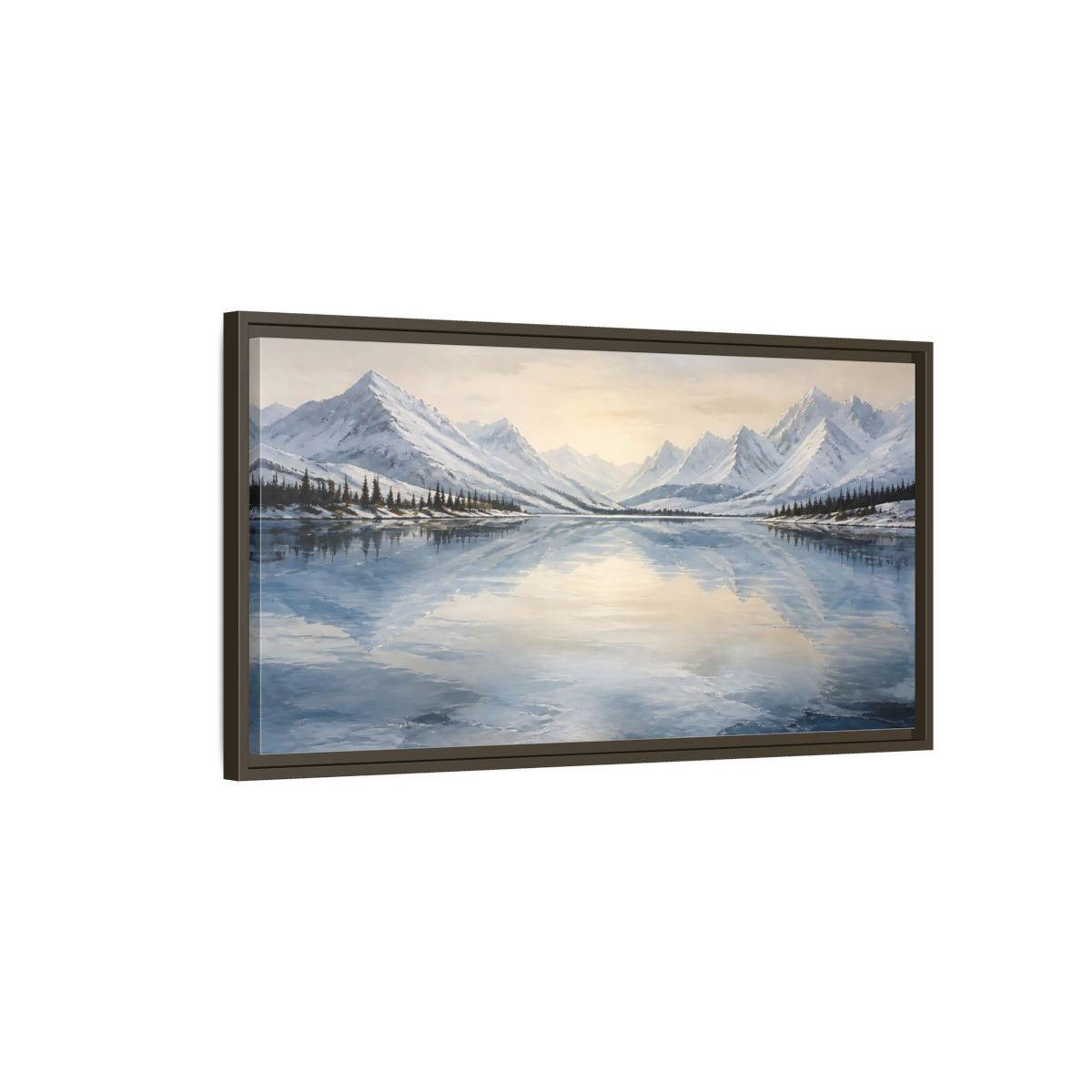 Main Mockup. Frozen Mountain Lake shown as framed canvas print