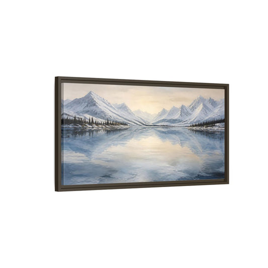 Main Mockup. Frozen Mountain Lake shown as framed canvas print