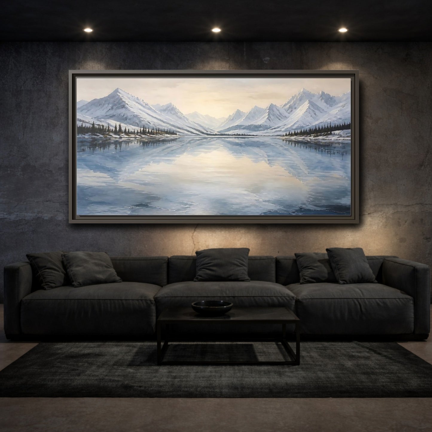 Mockup 3. Frozen Mountain Lake shown as framed canvas print