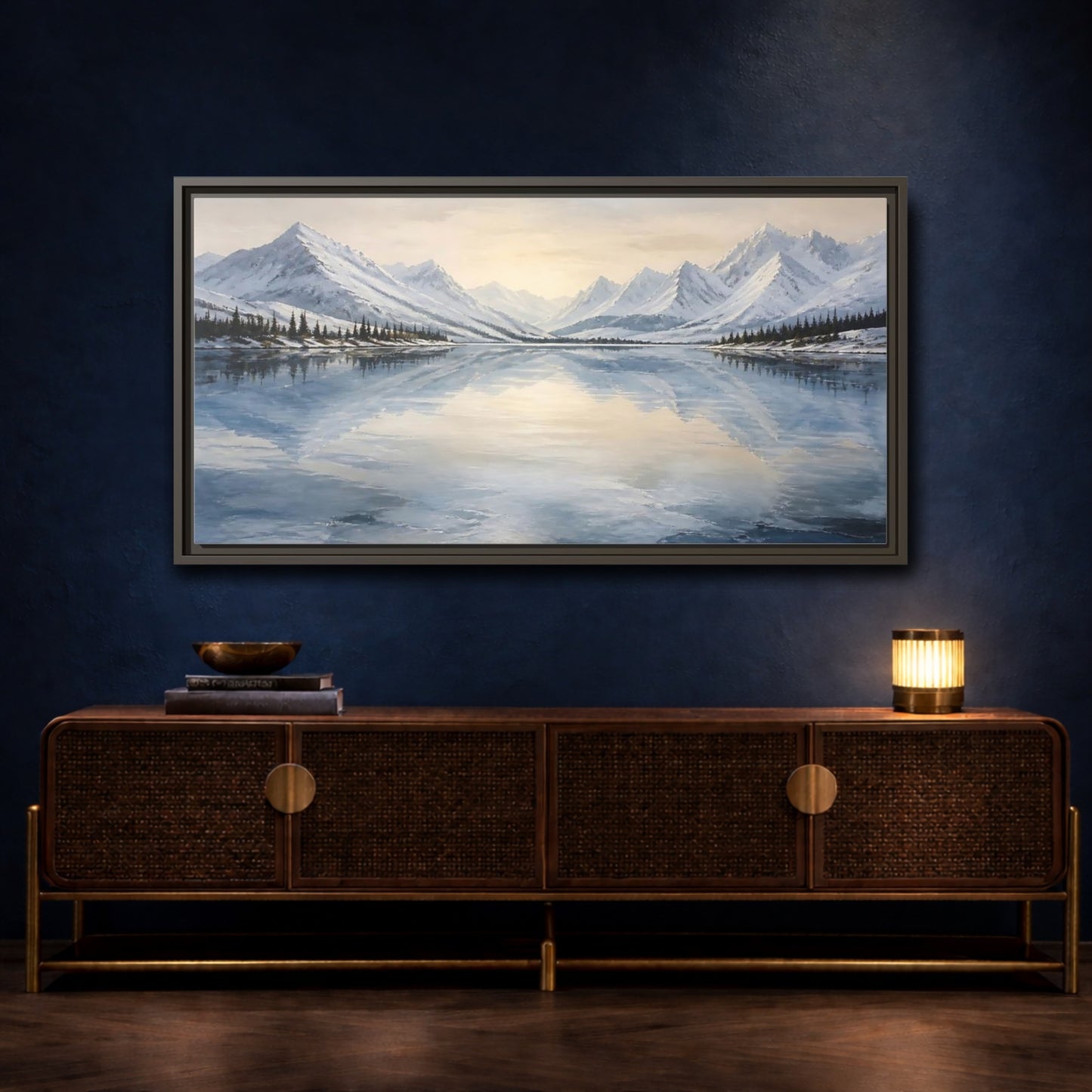 Mockup 4. Frozen Mountain Lake shown as framed canvas print