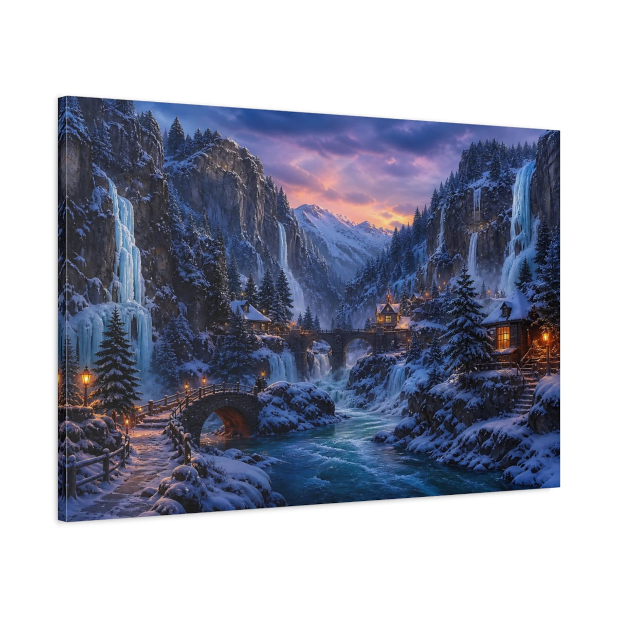 Main Mockup. Frozen Mountain Village At Dusk shown as canvas print