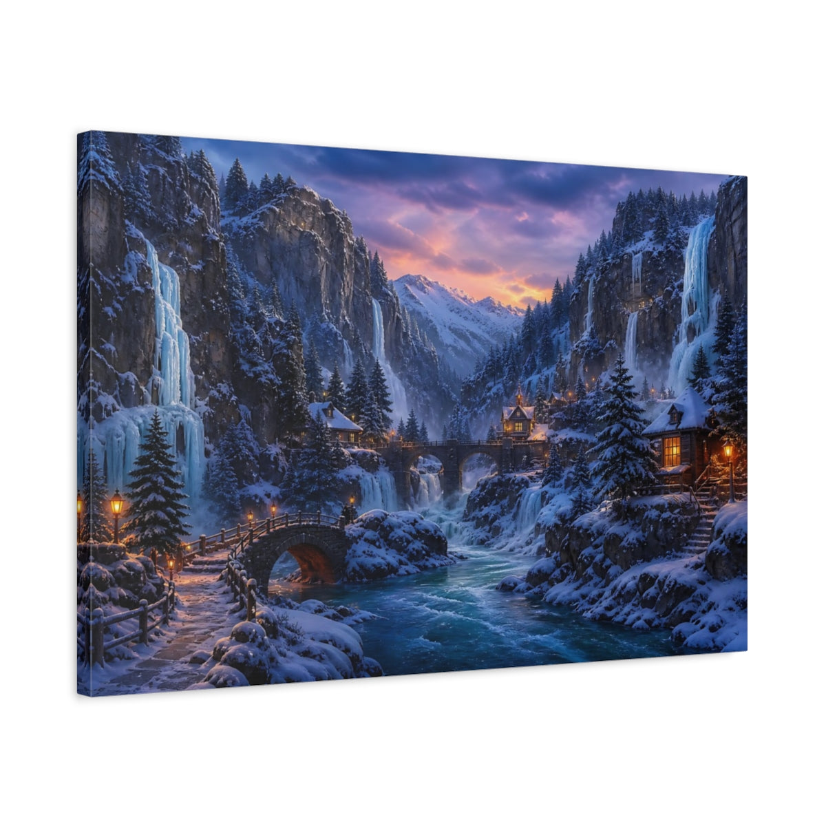 Side Mockup 2. Frozen Mountain Village At Dusk shown as canvas print