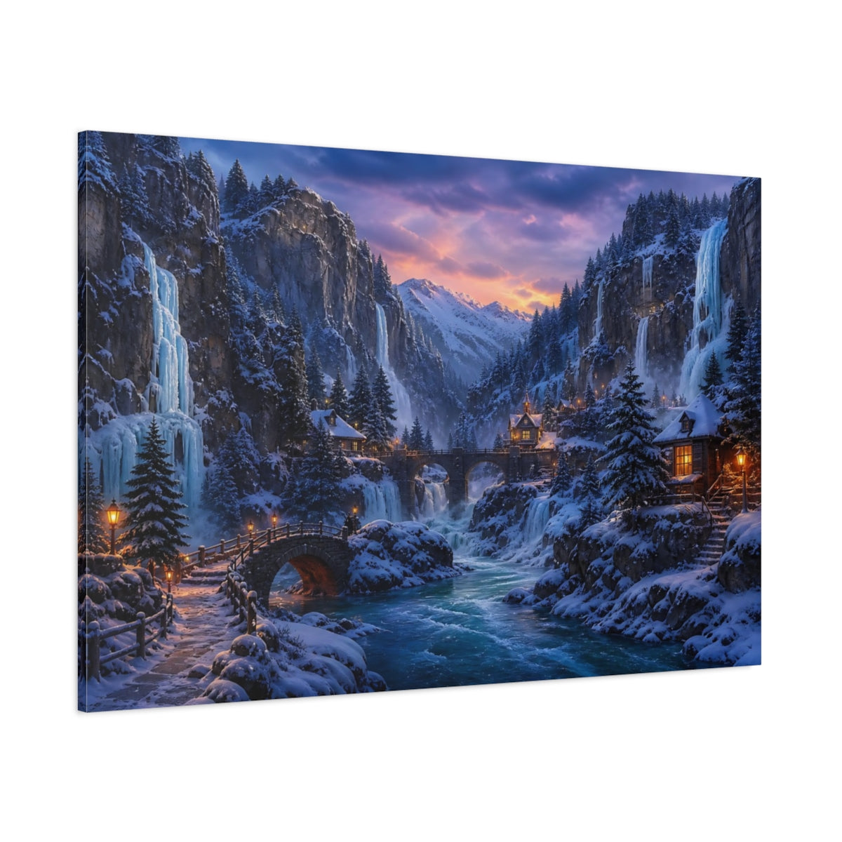 Side Mockup 1. Frozen Mountain Village At Dusk shown as canvas print