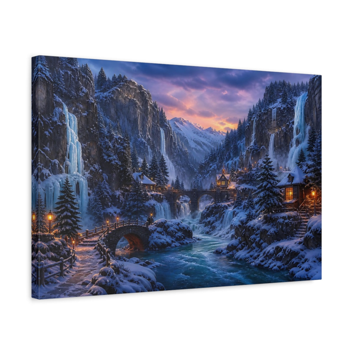 Side Mockup 3. Frozen Mountain Village At Dusk shown as canvas print