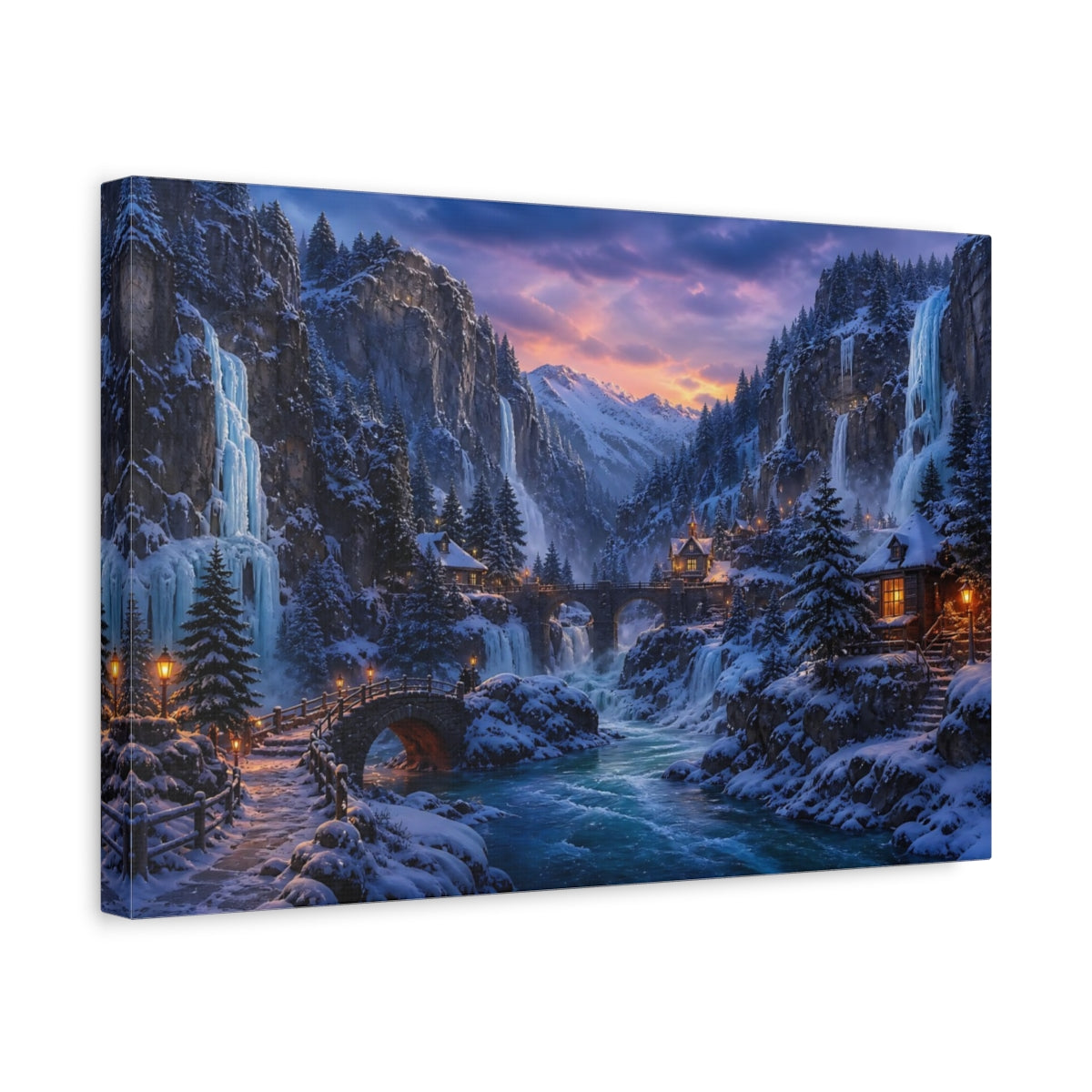 Side Mockup 4. Frozen Mountain Village At Dusk shown as canvas print