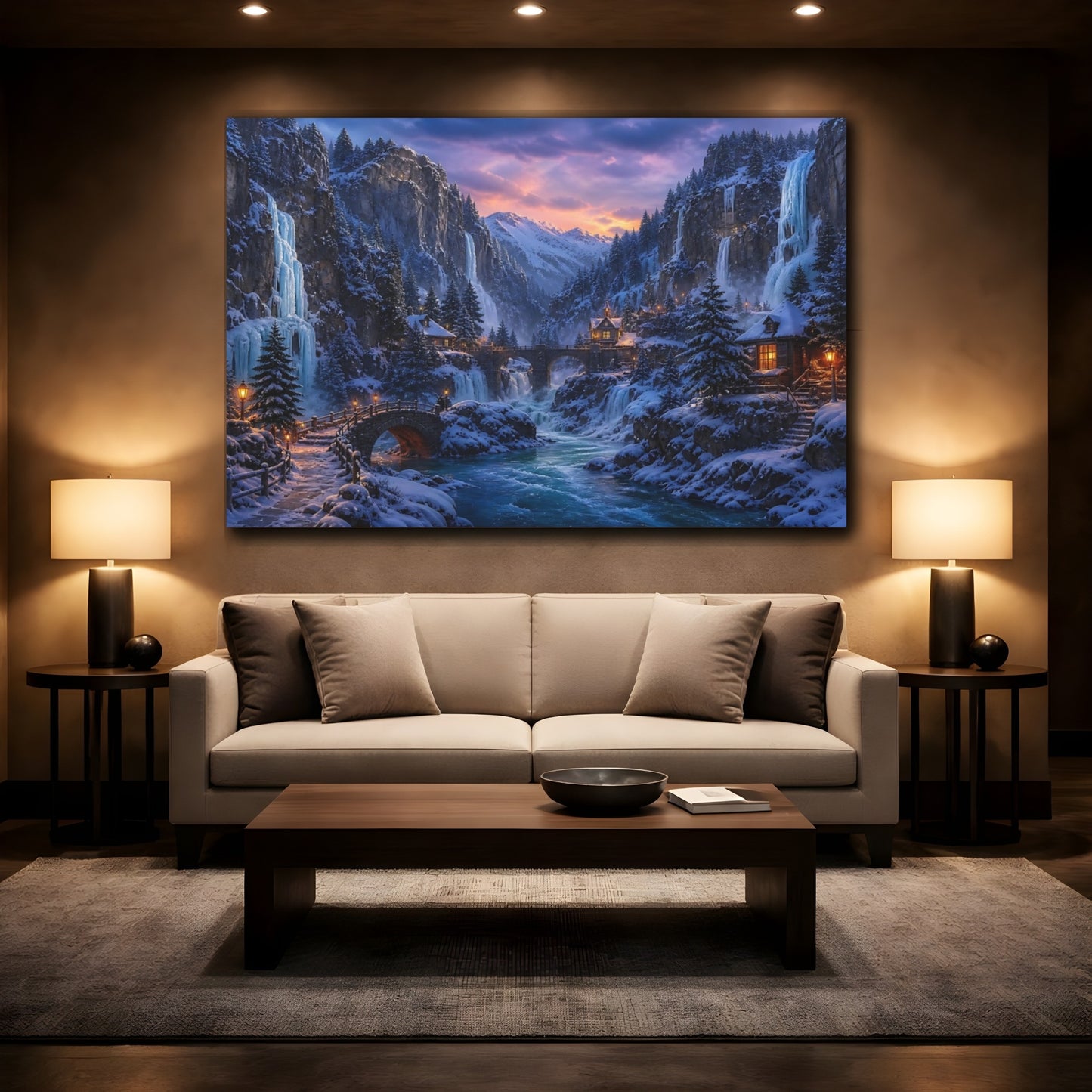 Mockup 2. Frozen Mountain Village At Dusk shown as canvas print